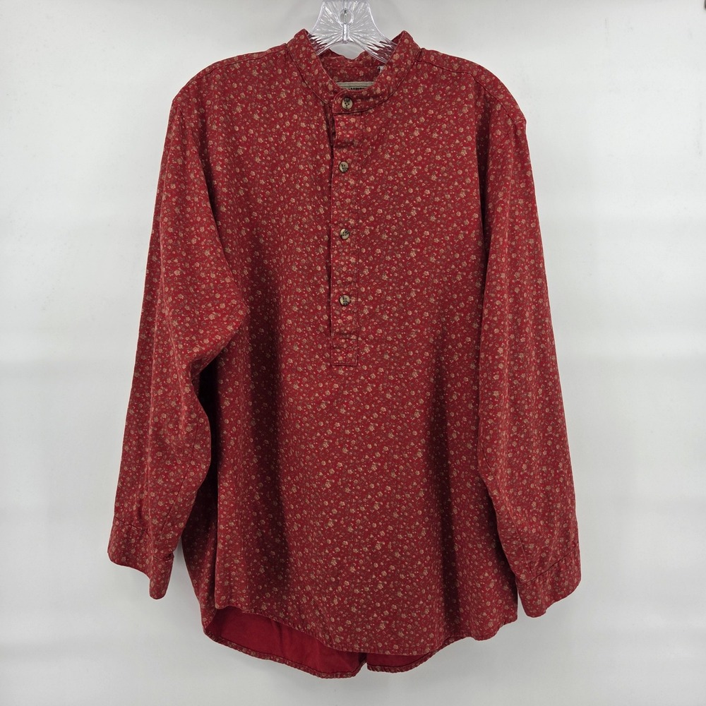 Frontier Classics Blouse M Red Floral Henley Banded Collar Prairie Cottagecore